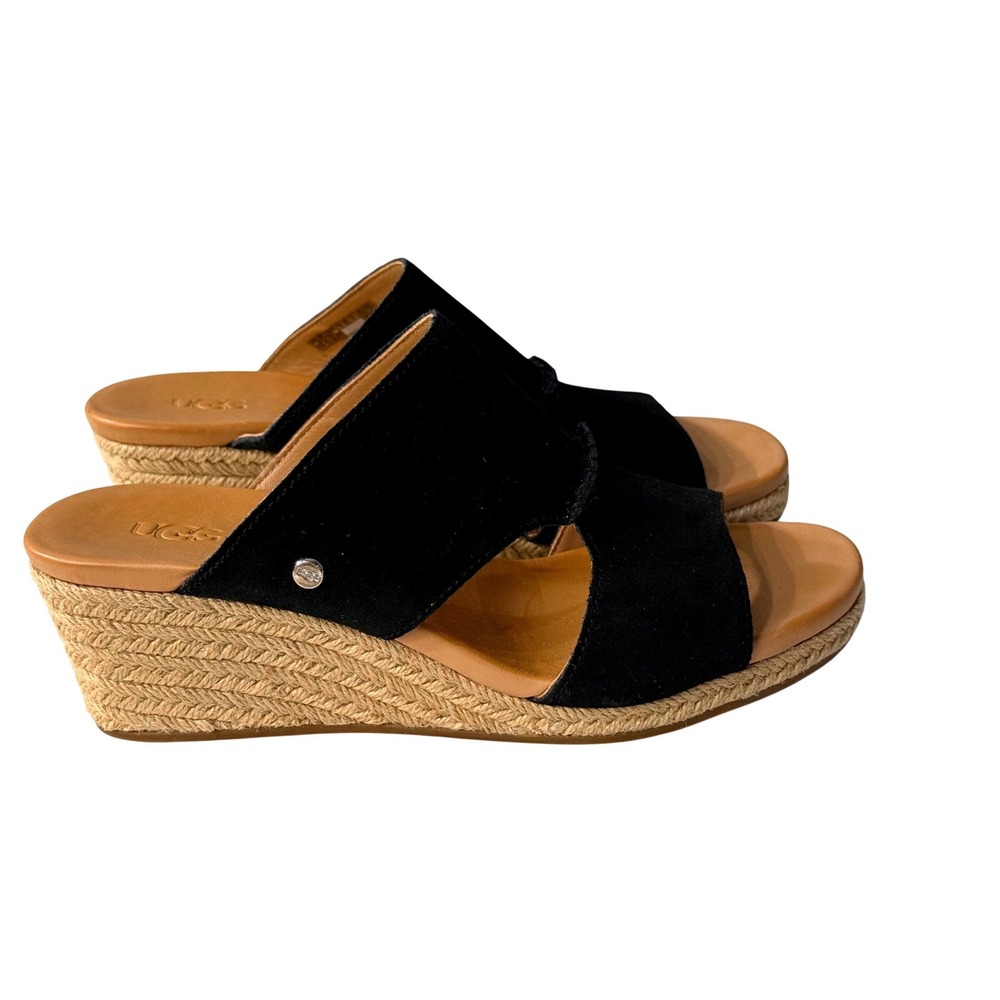 UGG Eirene Espadrille Wedge Sandal  7.5 Womens Black Suede Slip On Mule 1120036